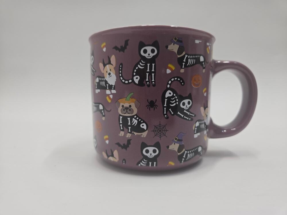 Oversized Halloween Skeleton Cats Dogs Mug Purple Spooky Pets Coffee Cup